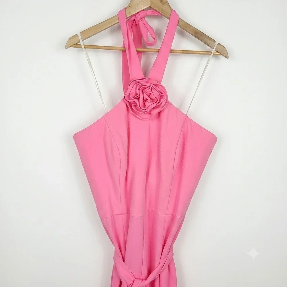 Lilly Pulitzer Jumpsuit Pink Halter Rosette 3D Flower Wide Leg Romper Party 12 - Picture 3 of 10